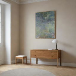 Render in Monet's style a minimalist room seen from a different angle, only containing a drawer and a painting. The new perspective amplifies the dynamic interaction between light, colour, and the room's sparse elements.