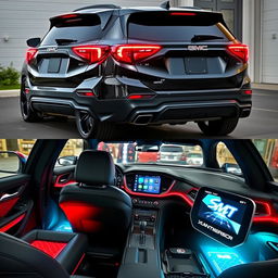 A modified 2018 GMC Terrain transformed into a gangster ride, featuring aggressive racing fenders, a real diffuser giving it a sporty look, a sleek and stylish spoiler on the rear, and a luxurious interior with a large touch screen display