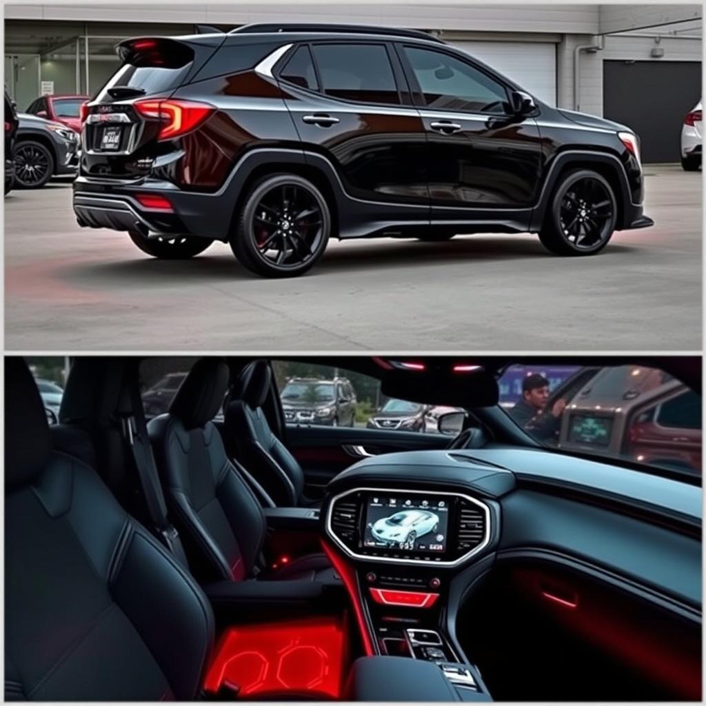 A modified 2018 GMC Terrain transformed into a gangster ride, featuring aggressive racing fenders, a real diffuser giving it a sporty look, a sleek and stylish spoiler on the rear, and a luxurious interior with a large touch screen display