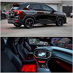 A modified 2018 GMC Terrain transformed into a gangster ride, featuring aggressive racing fenders, a real diffuser giving it a sporty look, a sleek and stylish spoiler on the rear, and a luxurious interior with a large touch screen display