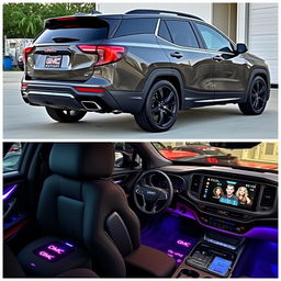 A modified 2018 GMC Terrain transformed into a gangster ride, featuring aggressive racing fenders, a real diffuser giving it a sporty look, a sleek and stylish spoiler on the rear, and a luxurious interior with a large touch screen display