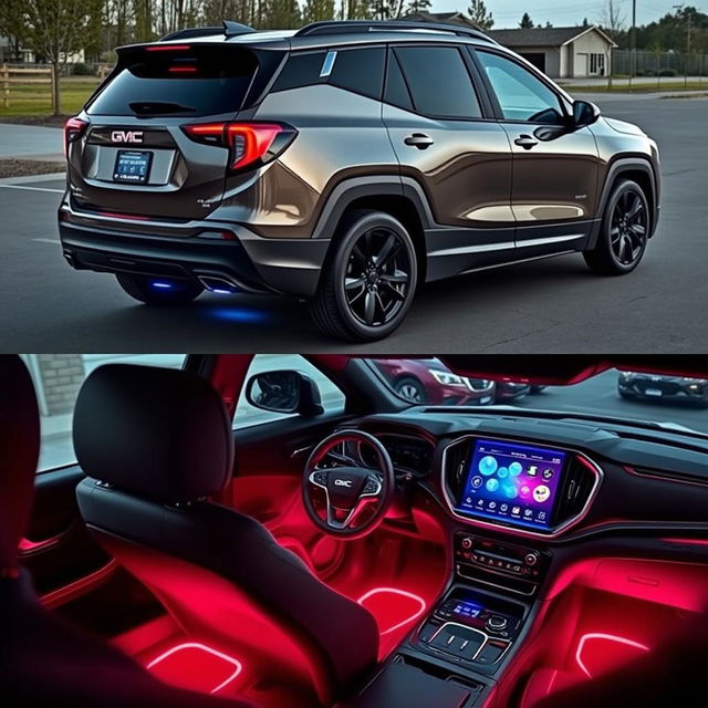 A modified 2018 GMC Terrain transformed into a gangster ride, featuring aggressive racing fenders, a real diffuser giving it a sporty look, a sleek and stylish spoiler on the rear, and a luxurious interior with a large touch screen display