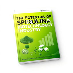 A visually striking book cover for 'The Potential of Spirulina Biotechnology Industry'