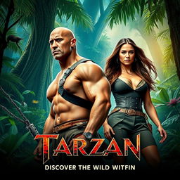 A dynamic movie poster for the 2025 film "Tarzan" featuring Dwayne Johnson as a muscular and heroic Tarzan, dressed in a rugged, jungle-inspired outfit, showcasing his iconic physique and strength