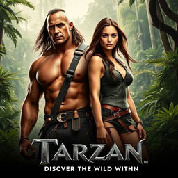 A dynamic movie poster for the 2025 film "Tarzan" featuring Dwayne Johnson as a muscular and heroic Tarzan, dressed in a rugged, jungle-inspired outfit, showcasing his iconic physique and strength