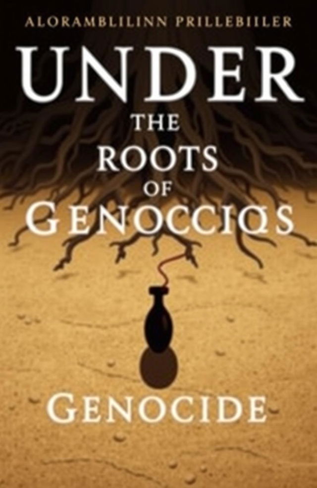 A simple yet powerful book cover for the political thriller titled 'Under the Roots of Genocide'