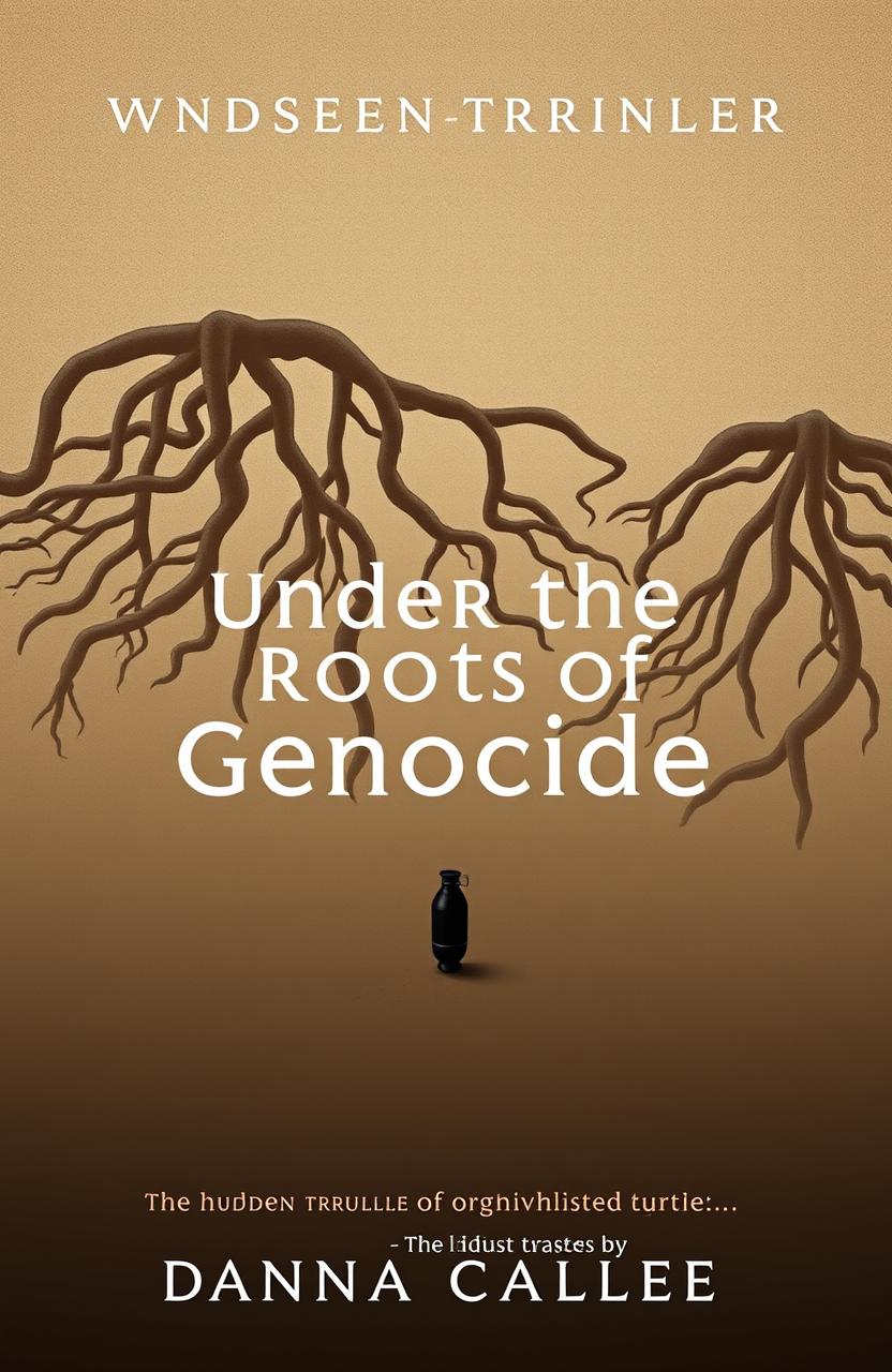 A simple yet powerful book cover for the political thriller titled 'Under the Roots of Genocide'