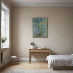 Render in Monet's style a minimalist room seen from a different angle, only containing a drawer and a painting. The new perspective amplifies the dynamic interaction between light, colour, and the room's sparse elements.