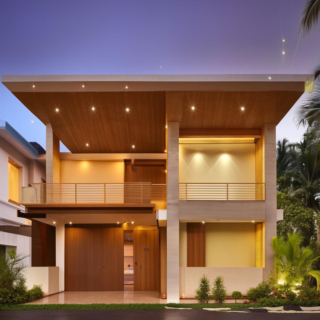 Double-storey minimalist Kerala house with toughened glass windows. A private balcony on the left side of the first floor surrounded by wall lights on the sunshade. A teak wood main entrance on the right side of the ground floor