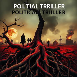 A striking book cover for a political thriller, featuring a dark and intense atmosphere