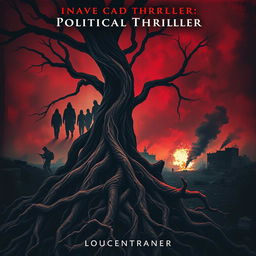 A striking book cover for a political thriller, featuring a dark and intense atmosphere