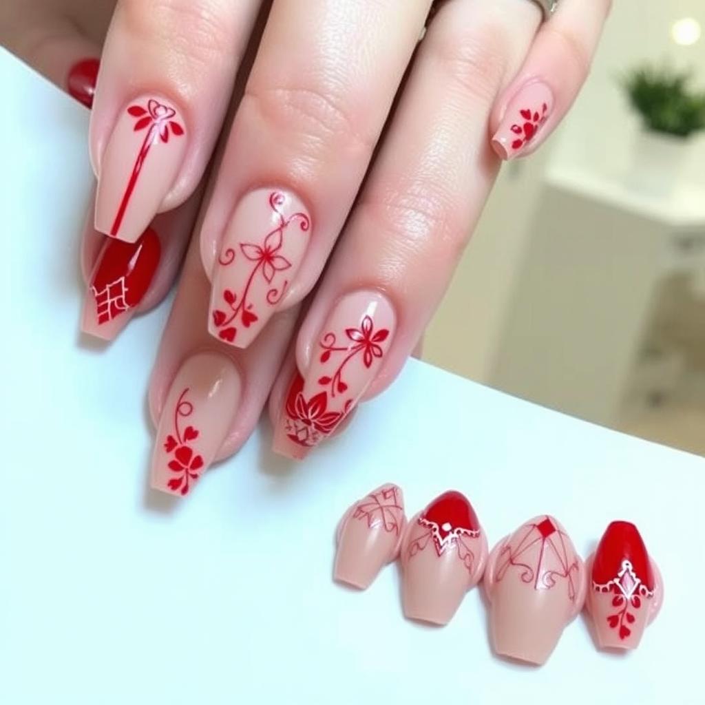 Nail designs featuring a nude base color adorned with intricate red details, showcasing various styles such as elegant stripes, floral patterns, and stunning geometric shapes