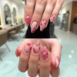 Nail designs featuring a nude base color adorned with intricate red details, showcasing various styles such as elegant stripes, floral patterns, and stunning geometric shapes