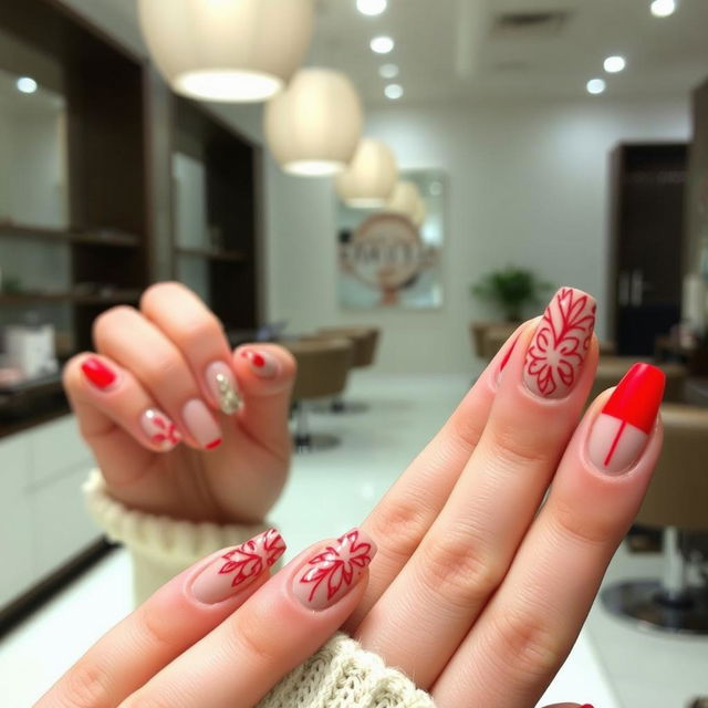 Nail designs featuring a nude base color adorned with intricate red details, showcasing various styles such as elegant stripes, floral patterns, and stunning geometric shapes