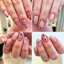 Nail designs featuring a nude base color adorned with intricate red details, showcasing various styles such as elegant stripes, floral patterns, and stunning geometric shapes