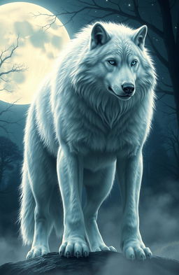 A majestic alpha werewolf with stunning white fur and piercing blue eyes