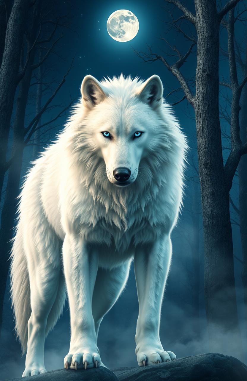 A majestic alpha werewolf with stunning white fur and piercing blue eyes