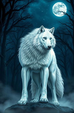 A majestic alpha werewolf with stunning white fur and piercing blue eyes