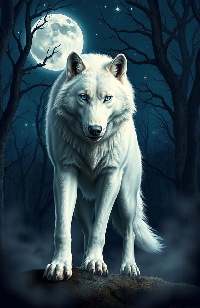 A majestic alpha werewolf with stunning white fur and piercing blue eyes