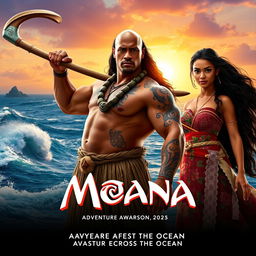 A captivating movie poster for the 2025 live-action film "Moana" featuring Dwayne Johnson as the powerful demigod Maui, showcasing his muscular form adorned with traditional Polynesian tattoos, wearing a necklace and a grass skirt, confidently wielding his magical fishhook