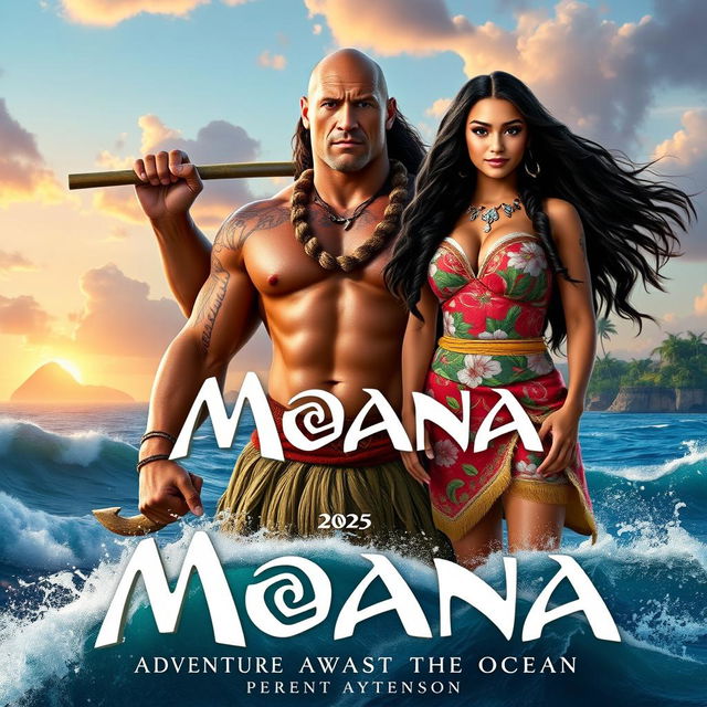 A captivating movie poster for the 2025 live-action film "Moana" featuring Dwayne Johnson as the powerful demigod Maui, showcasing his muscular form adorned with traditional Polynesian tattoos, wearing a necklace and a grass skirt, confidently wielding his magical fishhook