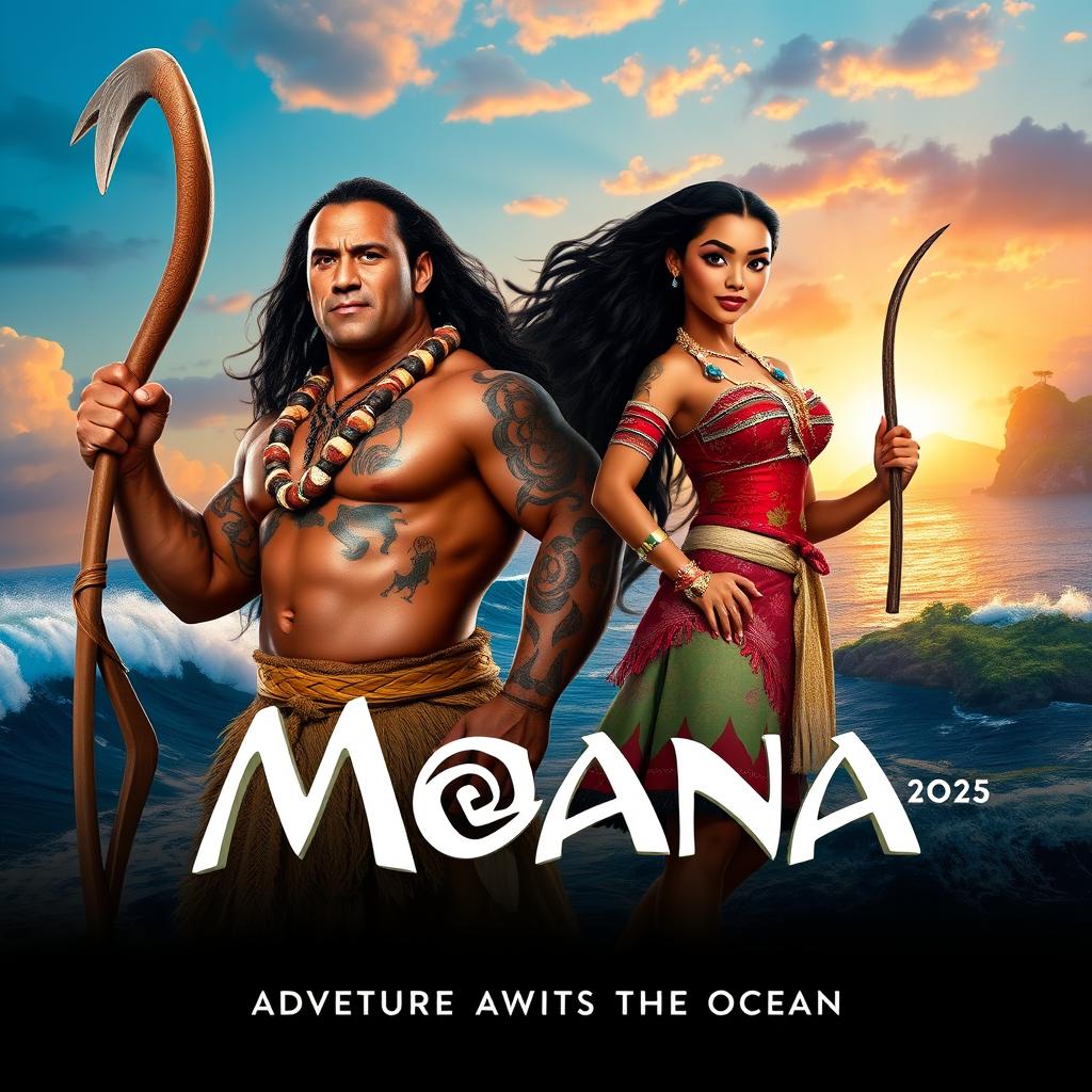 A captivating movie poster for the 2025 live-action film "Moana" featuring Dwayne Johnson as the powerful demigod Maui, showcasing his muscular form adorned with traditional Polynesian tattoos, wearing a necklace and a grass skirt, confidently wielding his magical fishhook