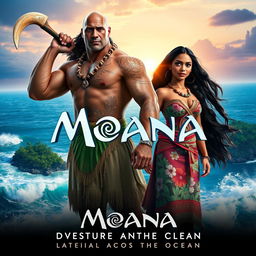 A captivating movie poster for the 2025 live-action film "Moana" featuring Dwayne Johnson as the powerful demigod Maui, showcasing his muscular form adorned with traditional Polynesian tattoos, wearing a necklace and a grass skirt, confidently wielding his magical fishhook