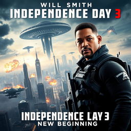 A dynamic and action-packed movie poster for 'Independence Day 3: New Beginning', featuring a dramatic skyline of a futuristic city under threat from towering alien spacecraft