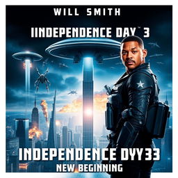 A dynamic and action-packed movie poster for 'Independence Day 3: New Beginning', featuring a dramatic skyline of a futuristic city under threat from towering alien spacecraft