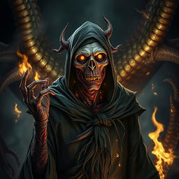A serious dark magic zombie mage, exuding an aura of menace and mystery