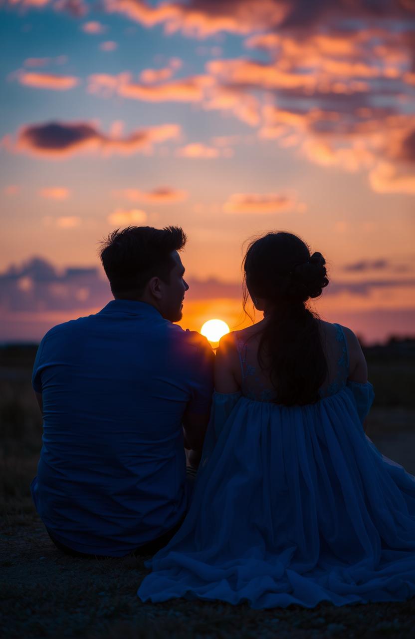 A serene and intimate scene featuring a man and a woman, both depicted in shades of blue, sitting together under a beautiful sunset