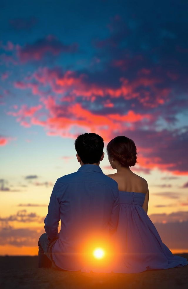 A serene and intimate scene featuring a man and a woman, both depicted in shades of blue, sitting together under a beautiful sunset