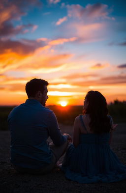 A serene and intimate scene featuring a man and a woman, both depicted in shades of blue, sitting together under a beautiful sunset
