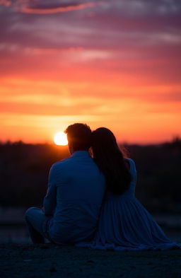 A serene and intimate scene featuring a man and a woman, both depicted in shades of blue, sitting together under a beautiful sunset
