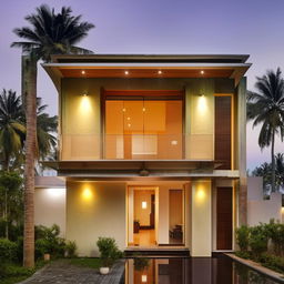 Double-storey minimalist Kerala house with toughened glass windows. A private balcony on the left side of the first floor surrounded by wall lights on the sunshade. A teak wood main entrance on the right side of the ground floor