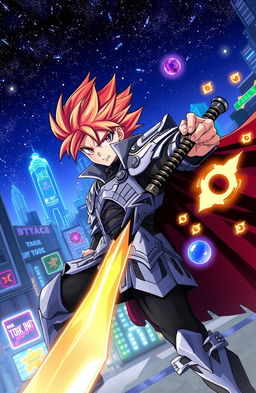 A dynamic anime scene featuring a powerful, heroic character with vibrant spiky hair and a determined expression, wielding a glowing sword