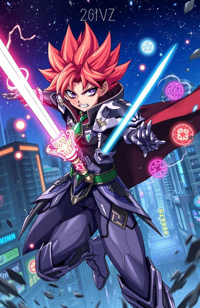 A dynamic anime scene featuring a powerful, heroic character with vibrant spiky hair and a determined expression, wielding a glowing sword