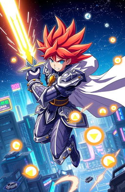 A dynamic anime scene featuring a powerful, heroic character with vibrant spiky hair and a determined expression, wielding a glowing sword