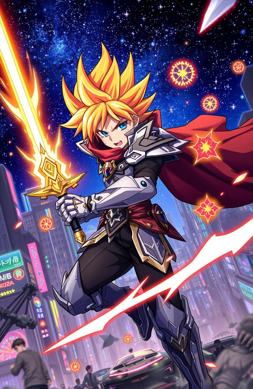 A dynamic anime scene featuring a powerful, heroic character with vibrant spiky hair and a determined expression, wielding a glowing sword