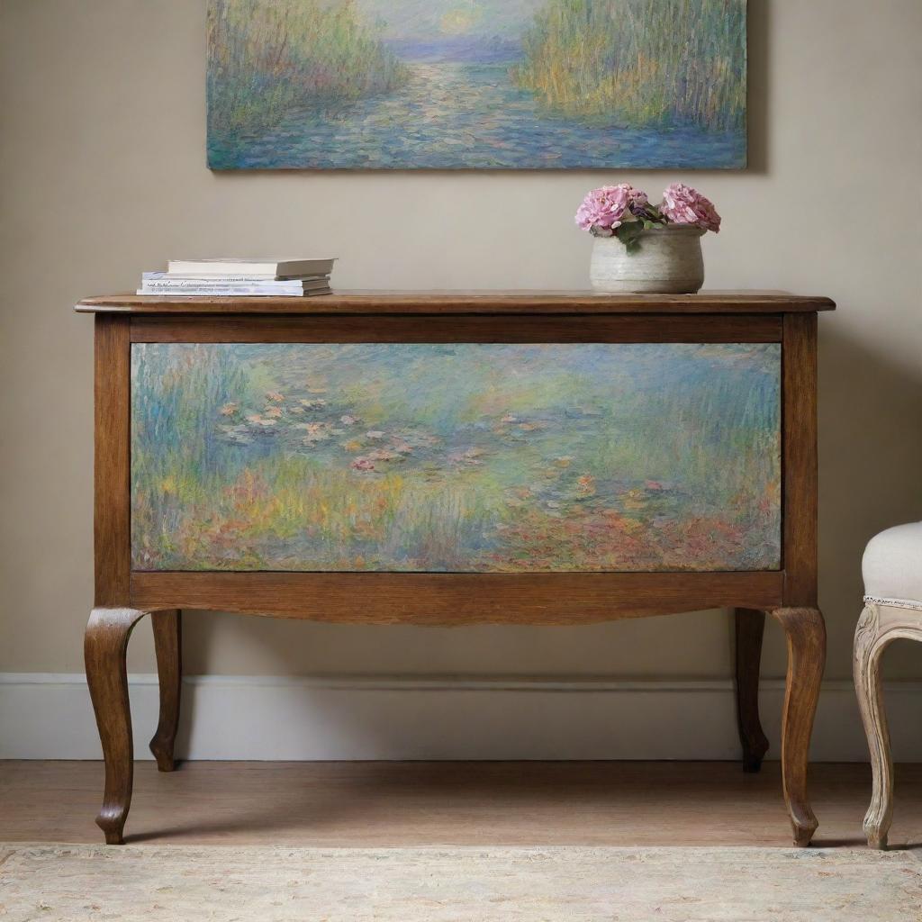 Create an impressionistic scene in the style of Claude Monet featuring a room with a prominent drawer. Play with color and light to capture the drawer's intricate details and the room's atmosphere, engaging Monet's signature vibrant and textured brushwork.