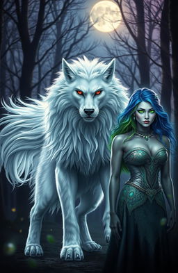 An Alpha Lycan King depicted in his Lycan form, featuring majestic white fur and piercing red eyes, standing proudly in a mystical forest environment at dusk