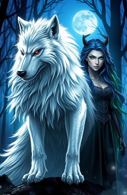 An Alpha Lycan King depicted in his Lycan form, featuring majestic white fur and piercing red eyes, standing proudly in a mystical forest environment at dusk