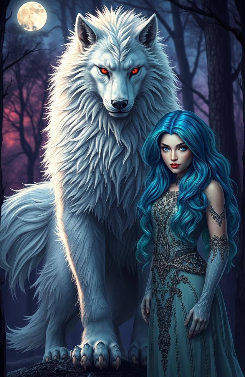 An Alpha Lycan King depicted in his Lycan form, featuring majestic white fur and piercing red eyes, standing proudly in a mystical forest environment at dusk