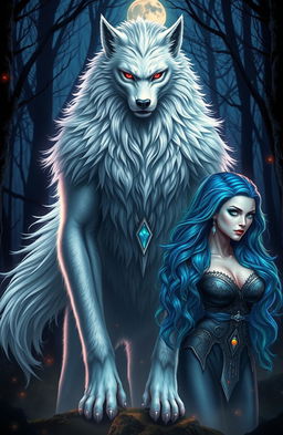 An Alpha Lycan King depicted in his Lycan form, featuring majestic white fur and piercing red eyes, standing proudly in a mystical forest environment at dusk