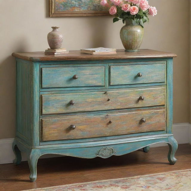 Create an impressionistic scene in the style of Claude Monet featuring a room with a prominent drawer. Play with color and light to capture the drawer's intricate details and the room's atmosphere, engaging Monet's signature vibrant and textured brushwork.