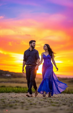 A romantic scene featuring a man and a woman walking together during a breathtaking sunset