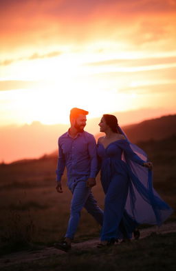 A romantic scene featuring a man and a woman walking together during a breathtaking sunset