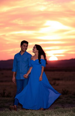 A romantic scene featuring a man and a woman walking together during a breathtaking sunset