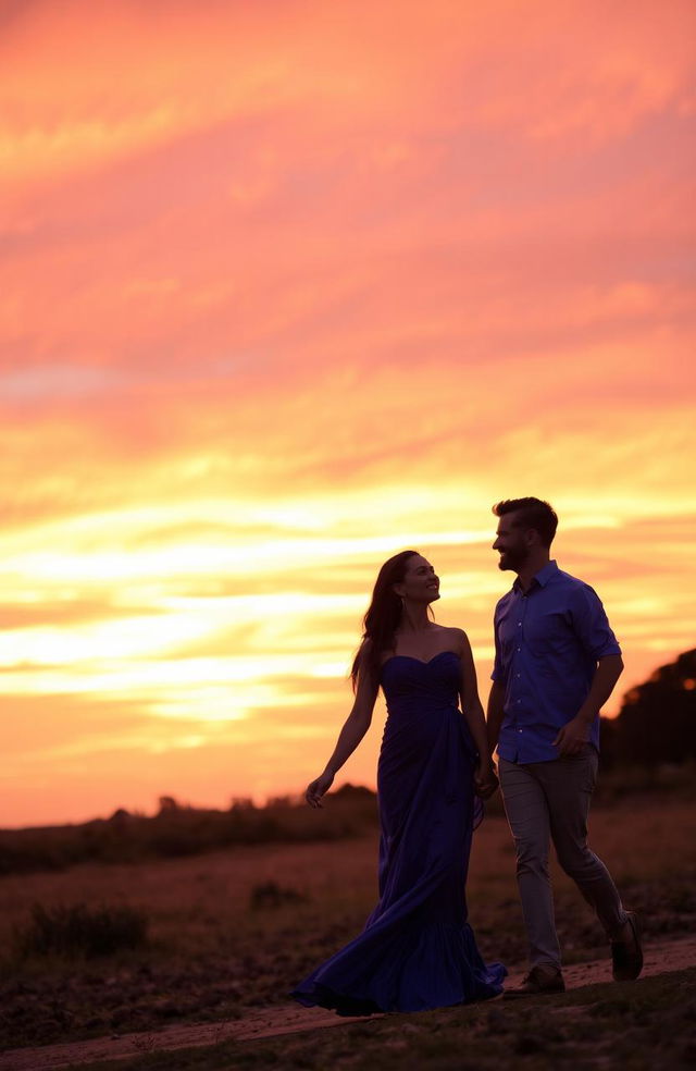 A romantic scene featuring a man and a woman walking together during a breathtaking sunset