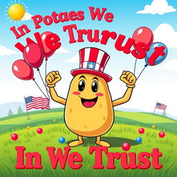 A vibrant and colorful patriotic poster featuring a cartoon-style potato character wearing a little American flag hat, flexing its arms confidently
